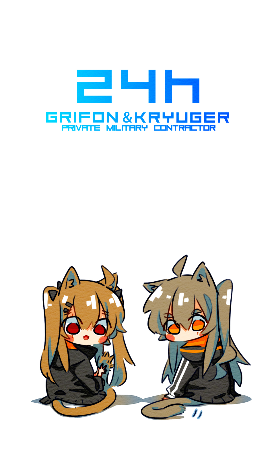 2girls ahoge animal_ears black_jacket blush_stickers brown_hair cat_ears cat_tail chibi chinese_commentary commentary_request from_behind girls_frontline griffin_&amp;_kryuger hair_between_eyes highres hood hooded_jacket jacket kemonomimi_mode long_hair long_sleeves looking_at_viewer looking_back multiple_girls no_mouth one_side_up open_mouth orange_eyes red_eyes scar scar_across_eye scar_on_face simple_background sitting smile su_xiao_jei tail twintails ump45_(girls'_frontline) ump9_(girls'_frontline) unmoving_pattern waving white_background