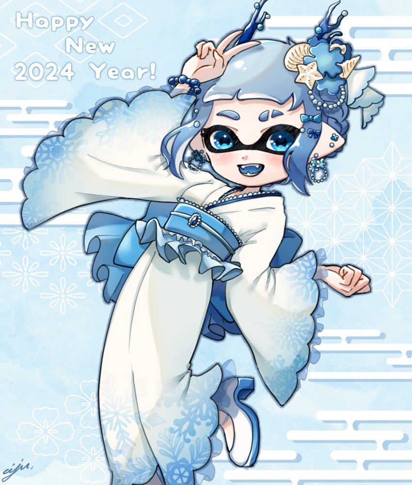 1girl 2024 blue_background blue_bracelet blue_eyes blue_kimono commentary_request coral_hair_ornament ear_piercing earrings eyebrow_cut hair_ornament happy_new_year high_heels iju_spl inkling inkling_girl japanese_clothes jewelry kimono open_mouth piercing pointy_ears short_hair signature smile solo splatoon_(series) splatoon_3 standing standing_on_one_leg star_(symbol) star_hair_ornament teeth tentacle_hair v white_footwear