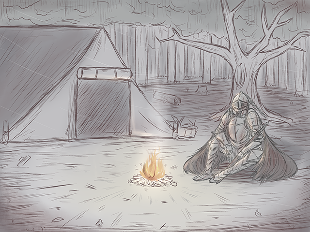 1boy arm_on_thigh armor campfire cape fire fireplace forest game_cg grass grimm_(black_souls) knight male outdoors sitting solo tent tree weapon