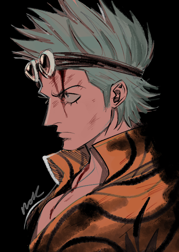 1boy black_background blood blood_on_chest blood_on_face blue_hair bruise bruise_on_face closed_mouth franky_(one_piece) goggles goggles_on_head injury male_focus nok_(nok_1) one_piece open_clothes open_shirt profile shirt short_hair simple_background solo spiky_hair upper_body yellow_shirt