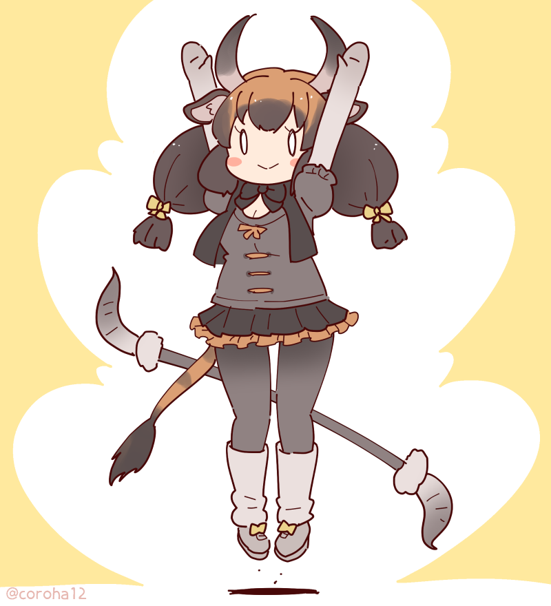 1girl animal_ears arms_up banteng_(kemono_friends) black_hair bow bowtie coroha cow_ears cow_girl cow_horns cow_tail elbow_gloves extra_ears full_body gloves horns jumping kemono_friends kemono_friends_3 long_hair looking_at_viewer pantyhose ribbon shirt shoes simple_background skirt socks solo tail twintails yellow_background