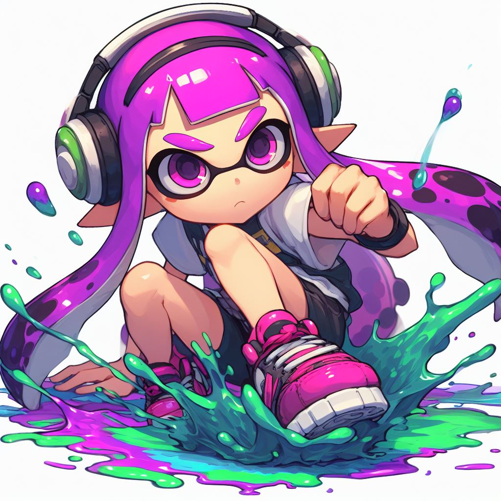 1girl black_shorts bracelet closed_mouth english_commentary full_body headphones inkling inkling_girl jewelry long_hair paint pink_footwear pointy_ears print_shirt purple_hair shirt shoes shorts simple_background sing_kwok solo splatoon_(series) tentacle_hair v-shaped_eyebrows violet_eyes white_background white_shirt