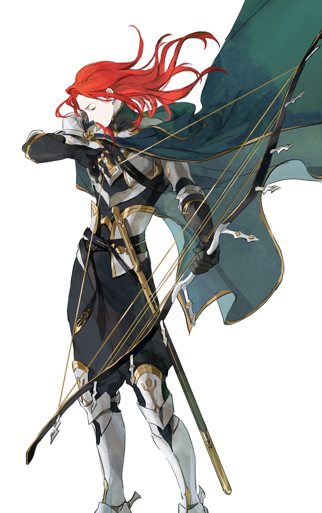archery armor arrow_(projectile) bow_(weapon) cape closed_eyes drawing_bow failnaught_(fate) fate/grand_order fate_(series) greaves harp highres holding holding_arrow holding_bow_(weapon) holding_weapon instrument long_hair mimulishizi redhead shoulder_armor simple_background solo tristan_(fate) weapon white_background