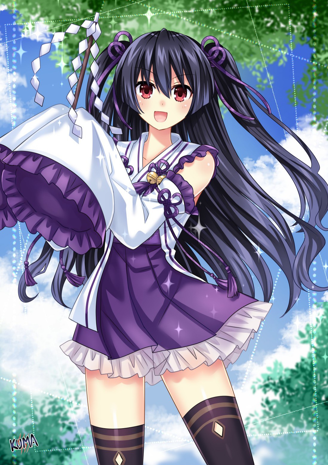 1girl black_hair blue_ribbon breasts hair_between_eyes hair_ribbon highres lewdkuma long_hair looking_at_viewer medium_breasts neptune_(series) noire_(neptunia) nontraditional_miko open_mouth red_eyes ribbon signature sleeves_past_fingers sleeves_past_wrists smile solo twintails