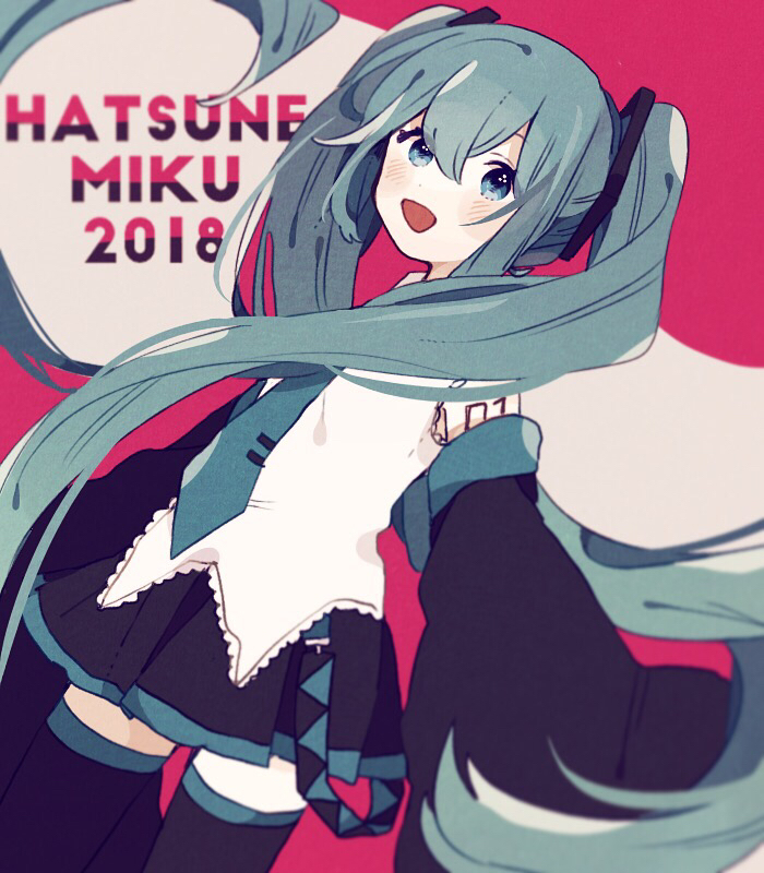 1girl 2018 blue_hair blush character_name detached_sleeves hair_ornament hatsune_miku long_hair long_sleeves looking_at_viewer necktie open_mouth pink_background pleated_skirt ponponzutea shirt skirt sleeveless sleeveless_shirt smile solo thigh-highs vocaloid