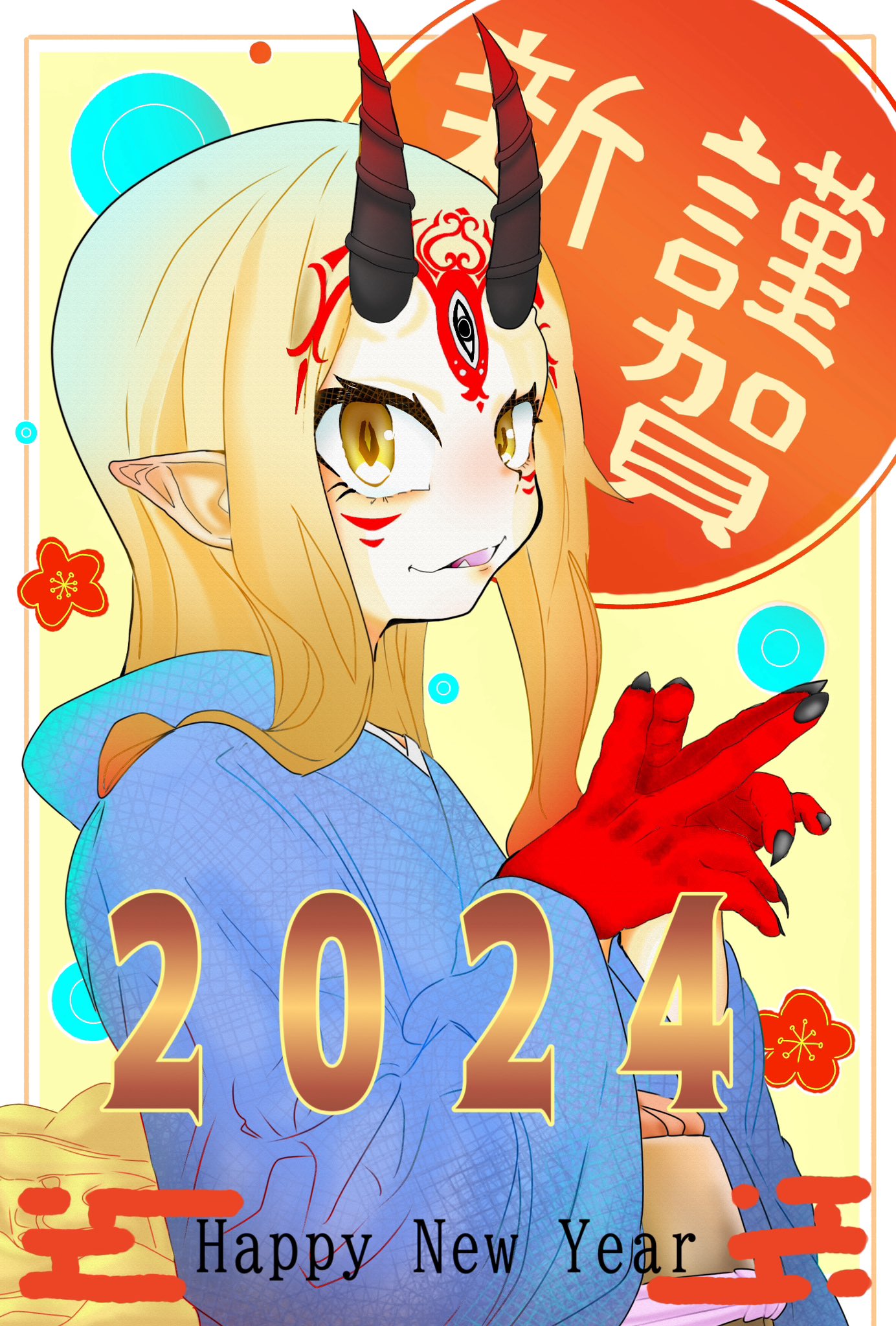 1girl 2024 blonde_hair blue_kimono border eyeliner facial_mark fate/grand_order fate_(series) fingernails flat_chest forehead_mark from_side happy_new_year headpiece highres horns ibaraki_douji_(fate) japanese_clothes kimono light_smile long_hair looking_at_viewer makeup obi oni oni_horns own_hands_together pointy_ears portrait sash sharp_fingernails solo white_border yellow_eyes