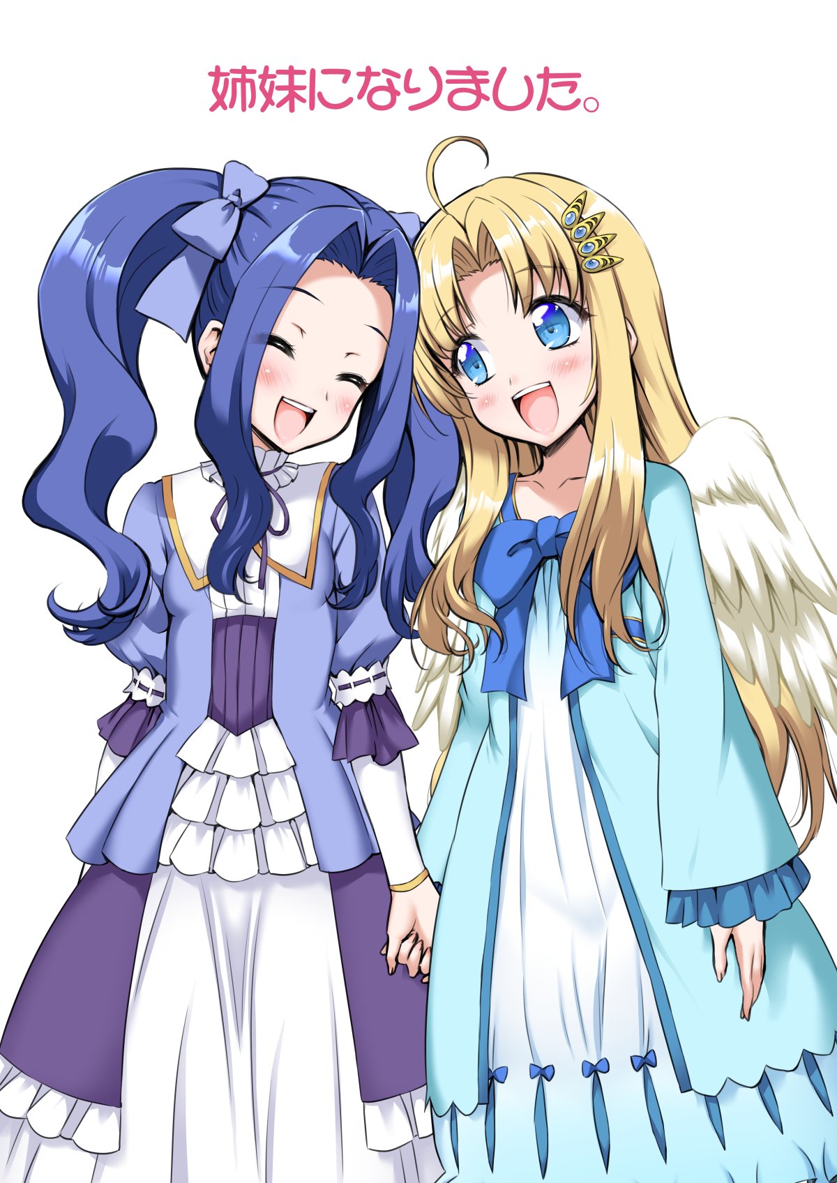 2girls ahoge blonde_hair blue_bow blue_dress blue_hair bow check_translation closed_eyes commentary_request dress feathered_wings filo_(tate_no_yuusha_no_nariagari) hair_bow hair_ornament hairclip hidaka_rina highres holding_hands marui melty_q_melromarc multiple_girls open_mouth simple_background tate_no_yuusha_no_nariagari teeth translation_request twintails uchida_maaya upper_teeth_only voice_actor_connection white_background white_wings wings
