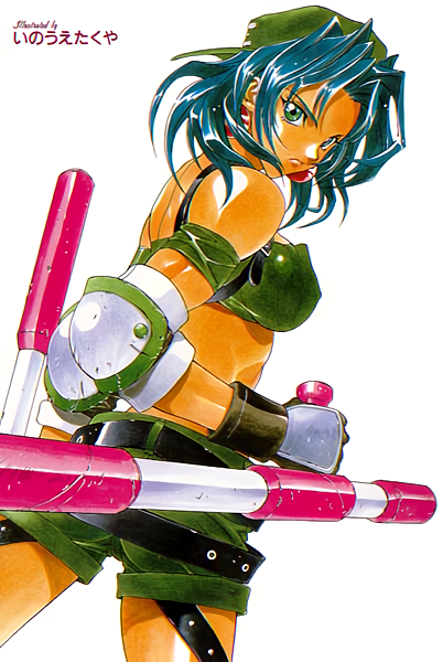 1girl angry armband belt blue_hair crop_top dual_wielding earrings elbow_pads gloves green_eyes hat holding inoue_takuya jewelry looking_at_viewer looking_back midriff non-web_source police police_uniform policewoman shorts signature simple_background solo tonfa toushinden tracy_(toushinden) uniform weapon white_background