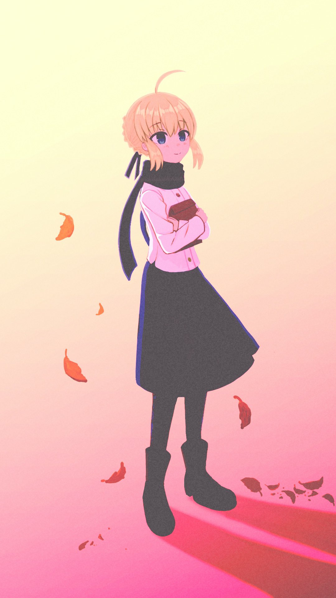 1girl ahoge artoria_pendragon_(fate) autumn_leaves bag black_footwear blonde_hair blue_eyes boots commentary_request falling_leaves fate/stay_night fate_(series) film_grain full_body gradient_background hair_ribbon highres holding holding_bag ichikawahonzen jacket leaf looking_afar outdoors ribbon saber_(fate) scarf shirt sidelocks skirt smile solo white_shirt