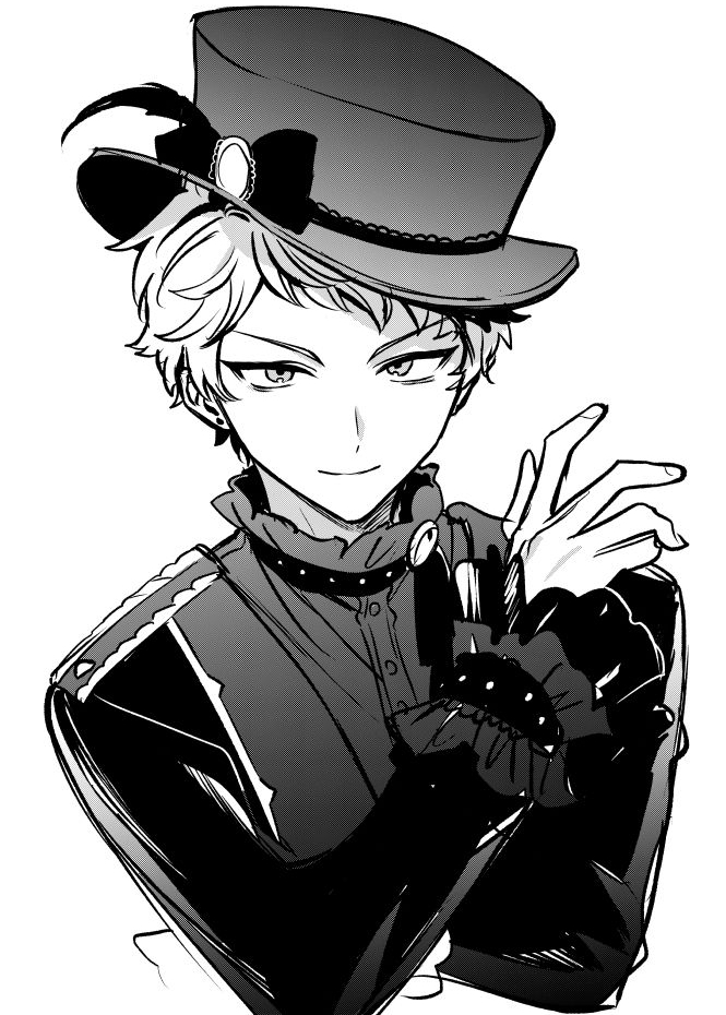 1boy akiyama_enma commentary_request cropped_torso ensemble_stars! greyscale hand_up hat itsuki_shu jacket looking_at_viewer male_focus monochrome shirt short_hair sketch smile solo top_hat
