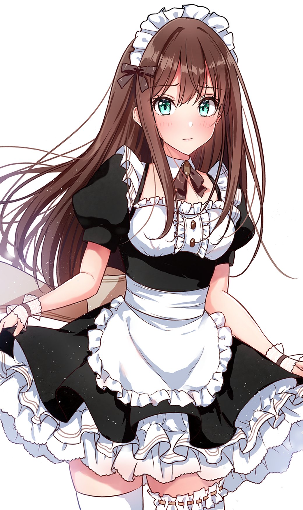 1girl apron black_dress blurry blush bow bowtie breasts brown_bow brown_bowtie brown_hair brown_ribbon closed_mouth collar cowboy_shot depth_of_field dot_nose dress dress_bow floating_hair frilled_apron frilled_dress frills green_eyes hair_bow hair_ribbon highres idolmaster idolmaster_cinderella_girls idolmaster_cinderella_girls_starlight_stage light_particles long_hair looking_at_viewer maid maid_headdress medium_breasts puffy_short_sleeves puffy_sleeves ribbon scrunchie shibuya_rin short_sleeves shy simple_background skirt_hold solo standing thigh-highs waist_apron white_apron white_background white_collar white_scrunchie white_thighhighs wrist_scrunchie yukiya_(shiya)
