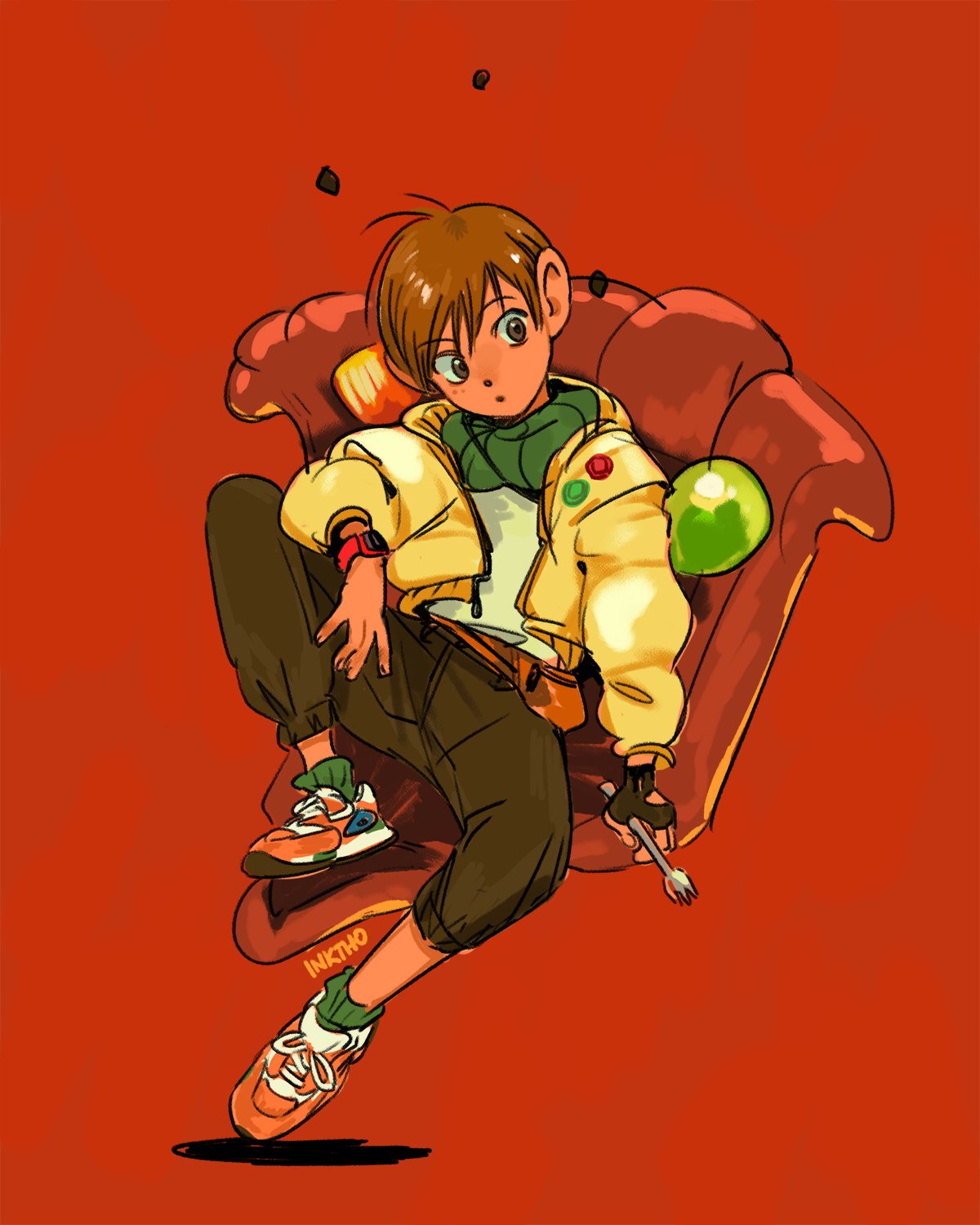 1boy belt_pouch brown_eyes brown_hair brown_pants chilchuck_tims dungeon_meshi fingerless_gloves fork gem gloves green_socks halfling highres holding holding_fork jacket katy_ho neck_warmer pants pouch red_background shirt shoes single_fingerless_glove sitting sneakers socks watch watch white_shirt yellow_jacket