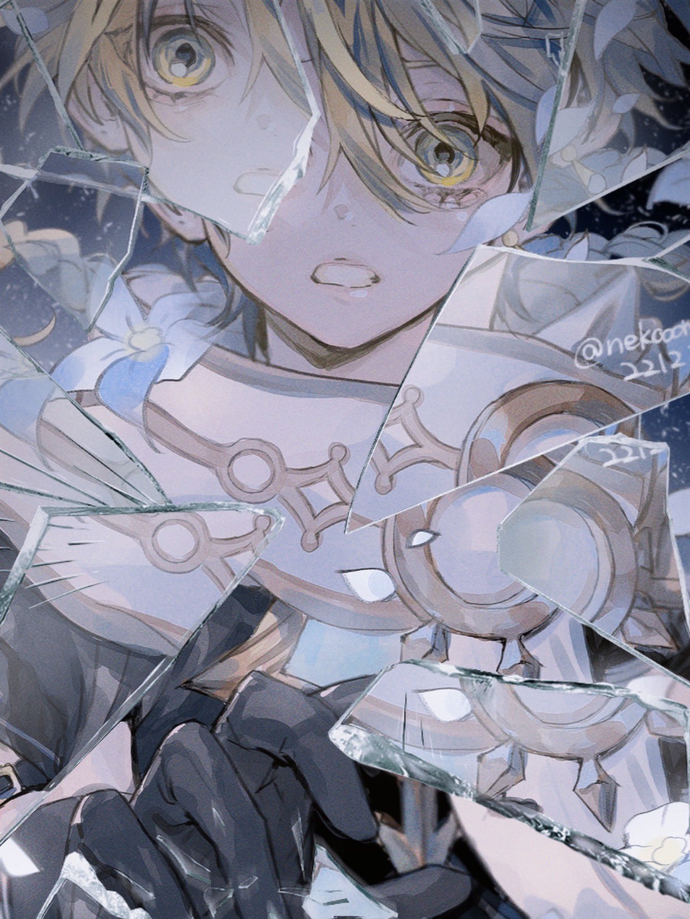 1boy aether_(genshin_impact) app_filter black_gloves black_shirt blonde_hair broken_glass crop_top earrings flower genshin_impact glass glass_shards gloves gold_trim hair_between_eyes highres jewelry lily_(flower) long_hair male_focus reflection scarf shards shattered shirt short_sleeves single_earring tanjou upper_body white_scarf yellow_eyes