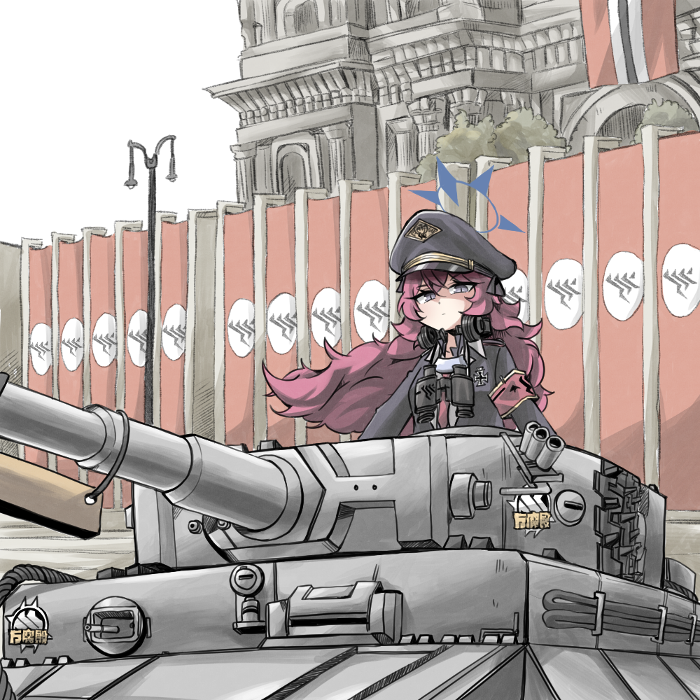 1girl armband banner binoculars blue_archive building collared_shirt commentary_request cross driving grey_eyes hair_between_eyes halo hat headphones iroha_(blue_archive) iron_cross lamppost long_hair long_sleeves looking_at_viewer military_vehicle motor_vehicle nanashi_shi_(pixiv_98920795) outdoors peaked_cap red_armband redhead school_uniform shirt sidelocks solo tank tiger_i wavy_hair wind