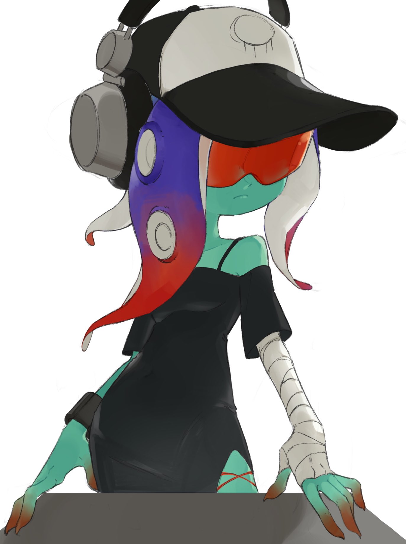 1girl a_a2001214 bandaged_arm bandages baseball_cap black_dress blue_hair closed_mouth colored_skin dedf1sh dress gradient_hair green_skin hat headphones highres long_hair multicolored_hair off-shoulder_dress off_shoulder red-tinted_eyewear redhead sanitized_(splatoon) simple_background solo splatoon_(series) splatoon_3 splatoon_3:_side_order standing sunglasses table tentacle_hair tinted_eyewear two-tone_hair white_background