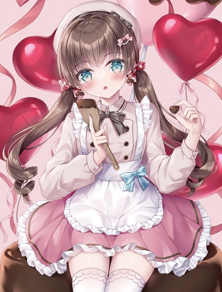 1girl :o apron balloon beret blue_eyes blush bow brown_bow brown_hair candy chocolate collared_shirt commentary_request food frilled_apron frilled_skirt frills grey_headwear hair_between_eyes hands_up hat head_tilt heart heart-shaped_chocolate heart_balloon holding holding_food kohinata_hoshimi long_hair looking_at_viewer low_twintails original parted_lips pink_background pink_shirt pink_skirt shirt simple_background sitting skirt solo spatula thigh-highs twintails very_long_hair white_apron white_thighhighs