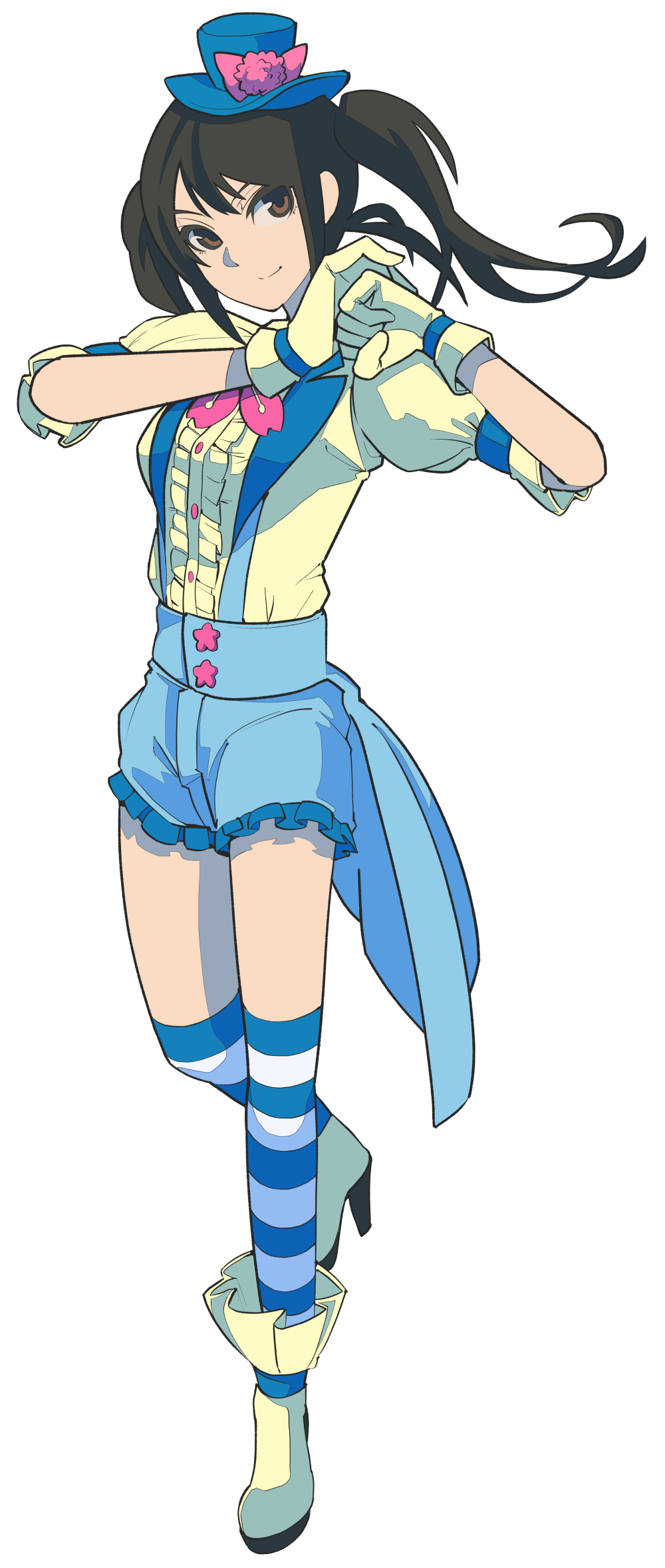 1girl blue_headwear blue_overskirt blue_shorts blue_socks blush bow bowtie breasts brown_hair clenched_hand closed_mouth floating_hair frilled_shirt frills full_body gloves green_eyes hands_up hat hat_ribbon high_heels highres idolmaster idolmaster_cinderella_girls idolmaster_cinderella_girls_starlight_stage kamatorop kneehighs leg_up long_hair medium_breasts own_hands_together pink_bow pink_bowtie pink_ribbon puffy_short_sleeves puffy_sleeves ribbon shibuya_rin shirt short_sleeves shorts simple_background socks solo standing standing_on_one_leg striped striped_socks suspender_shorts suspenders white_background yellow_footwear yellow_gloves yellow_shirt