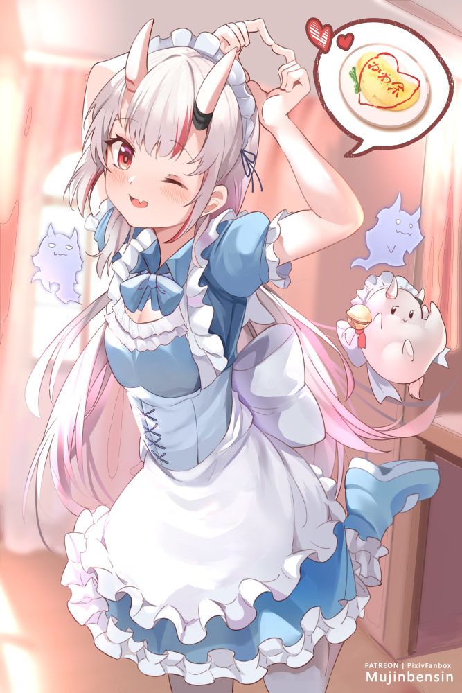 1girl ;d alternate_costume apron arms_up blunt_bangs blurry commentary_request depth_of_field enmaided fang flat_chest food hair_between_eyes heart heart_hands hololive horns long_hair maid maid_apron maid_headdress mujinbensin multicolored_hair nakiri_ayame omelet omurice one_eye_closed oni_horns open_mouth poyoyo_(nakiri_ayame) red_eyes redhead revision shiranui_(nakiri_ayame) short_sleeves sidelocks skin_fang smile spoken_food standing standing_on_one_leg streaked_hair two-tone_hair virtual_youtuber white_hair
