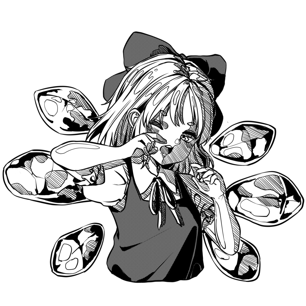 1girl bow breasts cirno collared_shirt cropped_torso detached_wings dress frilled_sleeves frills greyscale hair_bow kourou_(kouroukun) looking_at_viewer medium_hair monochrome neck_ribbon one_eye_closed open_mouth pinafore_dress puffy_short_sleeves puffy_sleeves ribbon shirt short_sleeves simple_background sleeveless sleeveless_dress small_breasts solo teeth touhou upper_body upper_teeth_only wings
