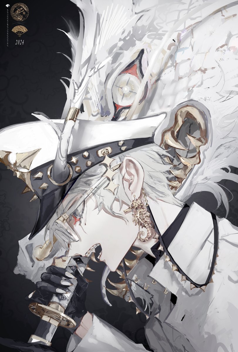 1boy 2024 bishounen black_background black_gloves braces character_request coat copyright_request dragon dragon_horns fang from_side glasses gloves hat highres horns katana male_focus new_year open_mouth solo sword uniform upper_body weapon white_coat white_eyes white_hair xdakn
