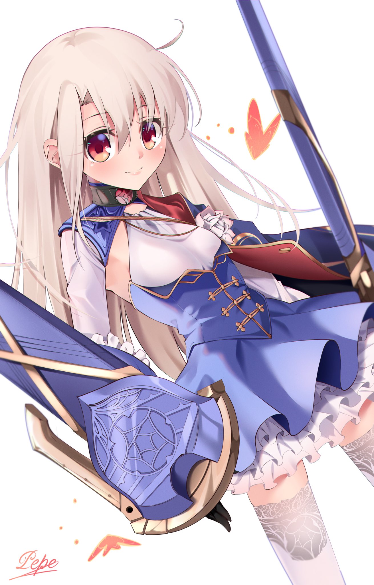 1girl aiguillette black_gloves blue_cape blue_dress blush breasts cape cosplay dress fate/grand_order fate/kaleid_liner_prisma_illya fate_(series) gloves highres illyasviel_von_einzbern layered_skirt long_hair long_sleeves looking_at_viewer melusine_(fate) melusine_(fate)_(cosplay) melusine_(second_ascension)_(fate) pei_iriya red_eyes sidelocks skirt small_breasts smile solo thigh-highs weapon white_hair white_skirt white_thighhighs