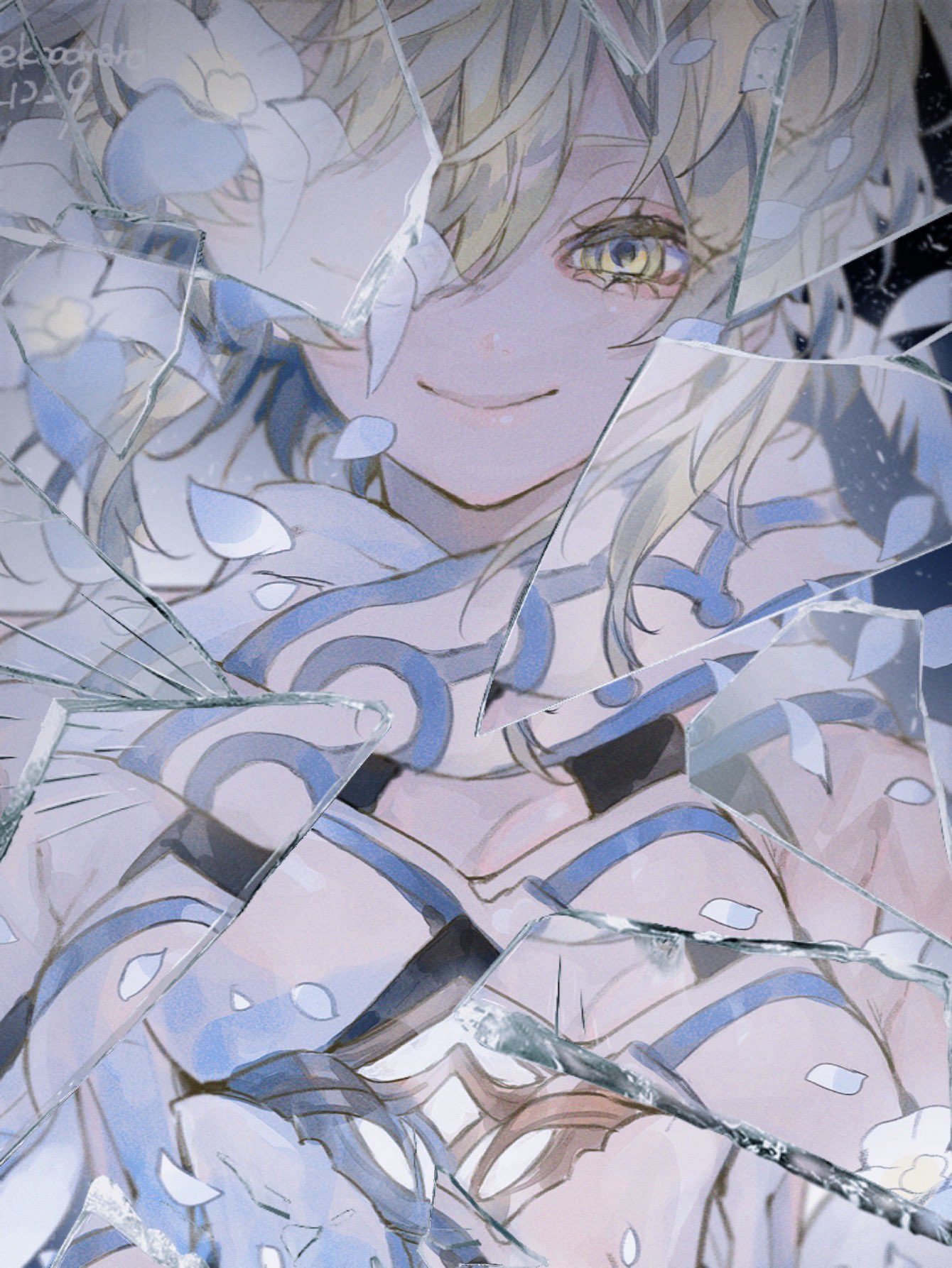 app_filter bare_shoulders blonde_hair breasts broken_glass dress feather_hair_ornament feathers flower genshin_impact glass glass_shards gold_trim hair_between_eyes hair_flower hair_ornament highres lily_(flower) lumine_(genshin_impact) medium_breasts reflection scarf shards shattered short_hair_with_long_locks tanjou upper_body white_dress white_flower white_scarf yellow_eyes