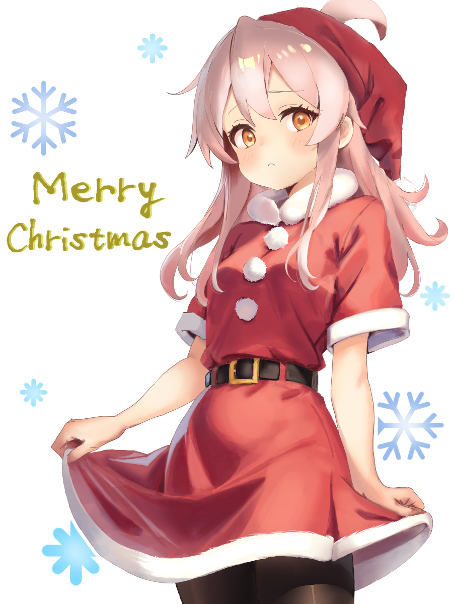 1girl ahoge belt black_pantyhose commentary cowboy_shot frown fur-trimmed_skirt fur-trimmed_sleeves fur_collar fur_trim hair_between_eyes hat highres light_blush long_hair looking_at_viewer merry_christmas onii-chan_wa_oshimai! orange_eyes oyama_mahiro pantyhose pink_hair pom_pom_(clothes) red_skirt santa_costume santa_hat short_sleeves simple_background skirt skirt_hold snowflakes solo uchi_no_hachiware white_background