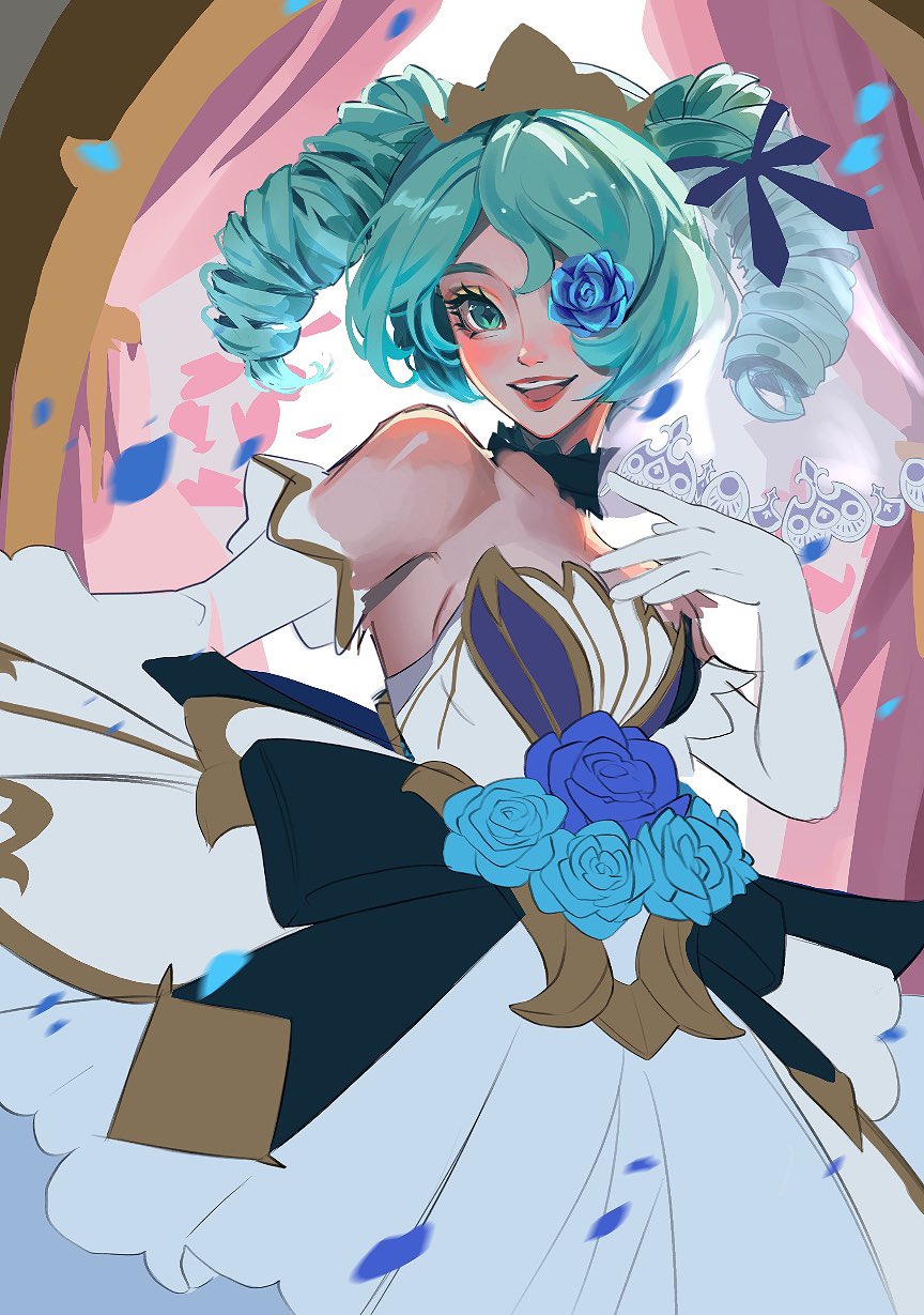 1girl :d alternate_hairstyle bare_shoulders black_ribbon breasts crown dress drill_hair elbow_gloves flower flower_over_eye gloves green_eyes green_hair gwen_(league_of_legends) hair_ribbon hand_up hele_bun highres large_breasts league_of_legends multicolored_background petals prestige_crystal_rose_gwen ribbon smile solo teeth twin_drills twintails upper_teeth_only veil white_dress white_gloves