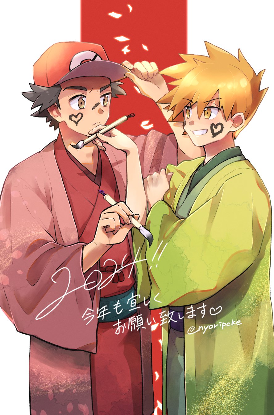 2024 2boys blonde_hair blue_oak brown_eyes closed_mouth coat commentary_request eye_contact facepaint green_coat green_kimono grin hand_on_headwear hat highres holding holding_paintbrush japanese_clothes kimono looking_at_another male_focus multiple_boys nyoripoke open_clothes open_coat paintbrush pink_coat pokemon pokemon_sm red_(pokemon) red_headwear red_kimono sash short_hair smile spiky_hair teeth translation_request twitter_username