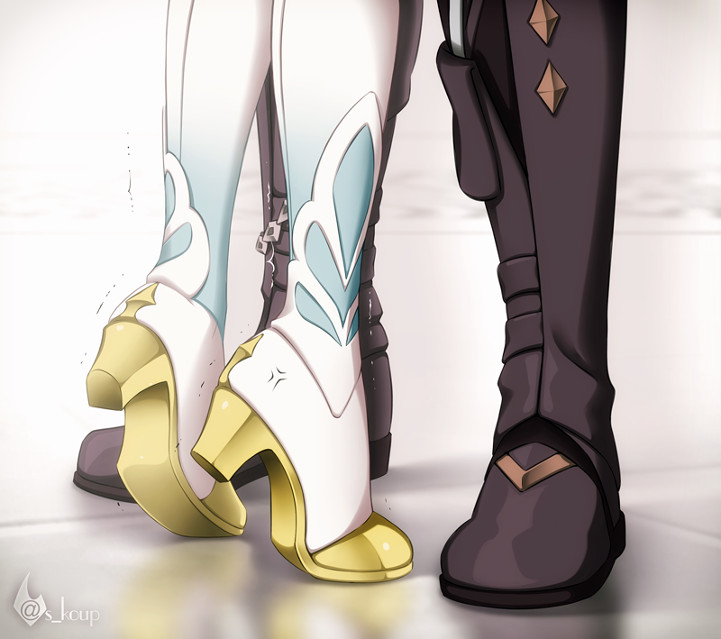 1boy 1girl anger_vein close-up feet feet_only floor foot_focus footwear_focus genshin_impact height_difference hetero implied_kiss kiss lower_body lumine_(genshin_impact) motion_lines out_of_frame shailo shoes tartaglia_(genshin_impact) tiptoe_kiss tiptoes twitching