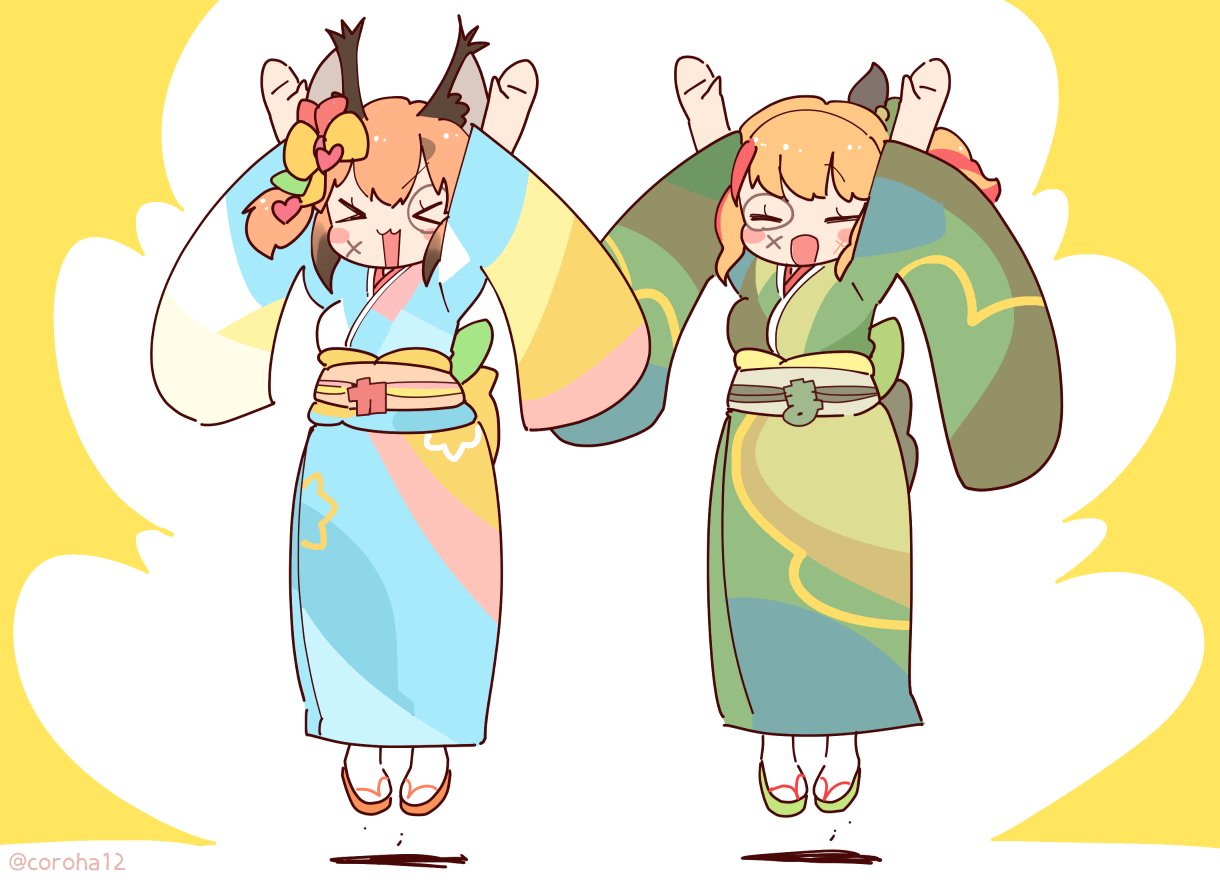 2girls animal_ears arms_up brown_hair caracal_(kemono_friends) cat_ears cat_girl closed_eyes coroha extra_ears full_body hair_ornament indie_virtual_youtuber irodori_mayoi japanese_clothes jumping kemono_friends kemono_friends_v_project kimono long_hair looking_at_viewer multiple_girls orange_hair simple_background virtual_youtuber yellow_background