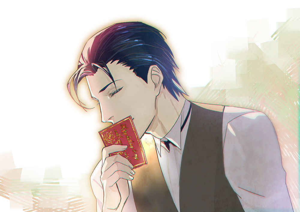 1boy blue_hair closed_eyes fate/grand_order fate_(series) formal hair_slicked_back letter official_art sherlock_holmes_(fate) short_hair smile suit white_background yamanaka_kotetsu