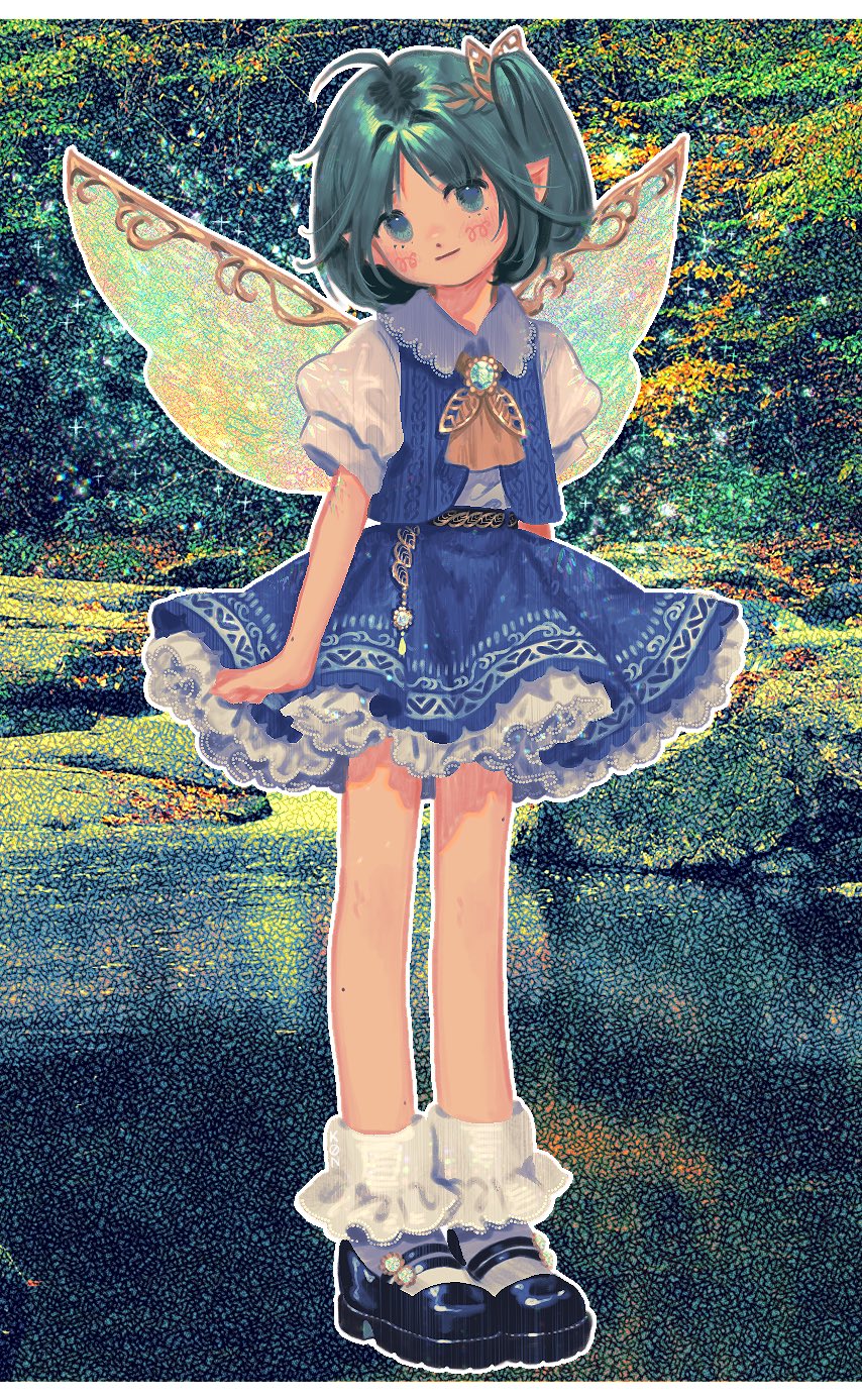 ascot black_footwear blue_eyes blue_skirt blue_vest brooch collared_shirt daiyousei fairy_wings green_hair hair_ornament highres jewelry k0nfette lake mary_janes puffy_short_sleeves puffy_sleeves shirt shoes short_hair short_sleeves side_ponytail skirt skirt_set socks touhou tree vest white_shirt wings yellow_ascot