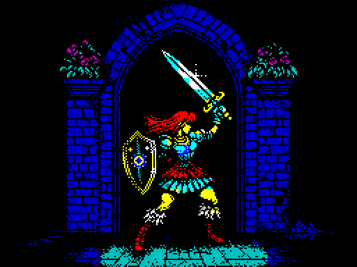 1980s_(style) 1girl arch arm_up armor boobplate boots breastplate brick_wall commentary english_commentary fighting_stance flower full_body fur-trimmed_boots fur_trim glint helpcomputer0 holding holding_shield holding_sword holding_weapon limited_palette long_hair looking_to_the_side medieval original pauldrons pixel_art plant potted_plant redhead retro_artstyle shield shoulder_armor skirt solo standing sword warrior weapon