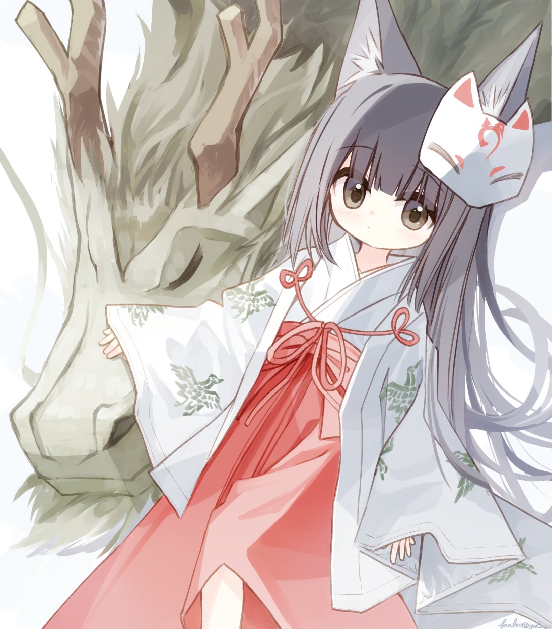 1girl animal_ear_fluff animal_ears black_hair brown_eyes chinese_zodiac closed_mouth commentary_request dutch_angle floating_hair fox_mask hakama hakama_skirt highres japanese_clothes kimono long_hair long_sleeves looking_at_viewer mask mask_on_head miko original red_hakama simple_background skirt sleeves_past_wrists solo very_long_hair white_background white_kimono wide_sleeves year_of_the_dragon yuuhagi_(amaretto-no-natsu)