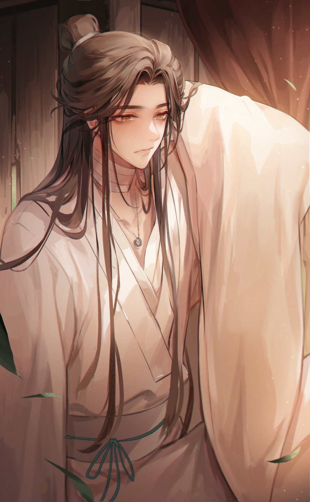 1boy bandaged_neck bandages brown_hair chinese_clothes hair_bun highres jewelry long_hair long_sleeves looking_to_the_side male_focus necklace orange_eyes parted_bangs ring robe tianguan_cifu very_long_hair white_hanfu white_robe wide_sleeves xie_lian young57440489