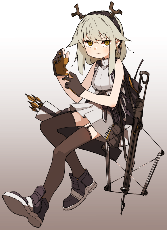 1girl adjusting_clothes adjusting_gloves amonitto antlers arknights arrow_(projectile) black_footwear black_gloves breasts brown_thighhighs closed_mouth crossbow dress firewatch_(arknights) full_body garter_straps gloves gradient_background grey_hair hairband medium_hair partially_fingerless_gloves quiver shoes sleeveless sleeveless_dress small_breasts solo thigh-highs weapon white_dress yellow_eyes