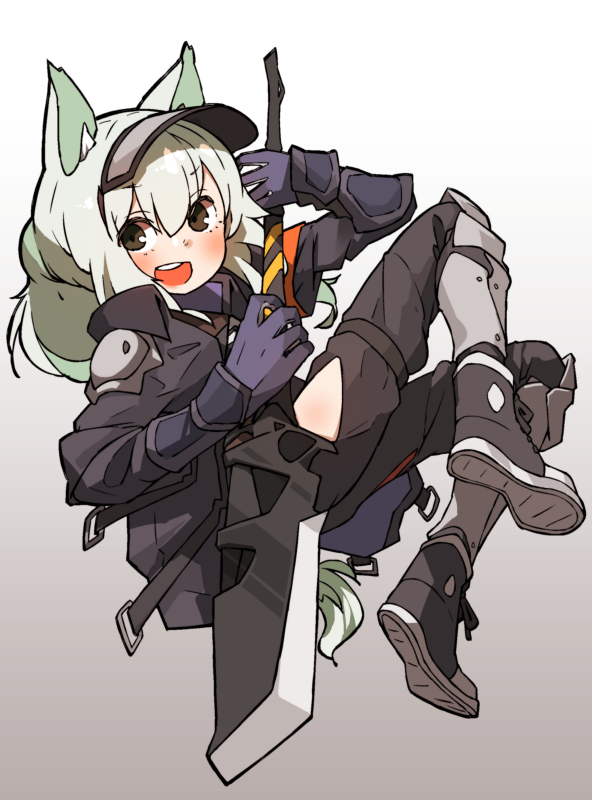 1girl amonitto animal_ear_fluff animal_ears arknights armored_boots black_coat black_pants blue_gloves boots bracer coat full_body gloves gradient_background grani_(arknights) green_hair holding holding_polearm holding_weapon light_blush long_hair looking_at_viewer open_mouth pants polearm smile solo spear tail teeth thigh_strap upper_teeth_only visor_cap weapon