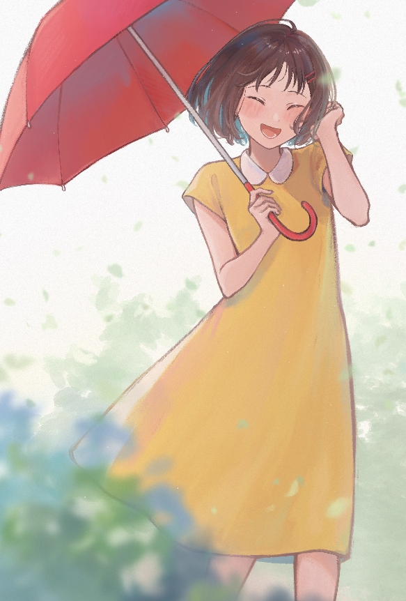 1girl blurry blush brown_hair bush closed_eyes collared_dress depth_of_field dot_nose dress facing_viewer feet_out_of_frame flat_chest hair_ornament hairclip happy holding holding_umbrella inori_(inory) iwakura_mitsumi laughing leaf light_particles lower_teeth_only messy_hair open_mouth parted_bangs red_umbrella shade short_hair short_sleeves simple_background skip_to_loafer solo standing teeth umbrella walking white_background wind wind_lift yellow_dress