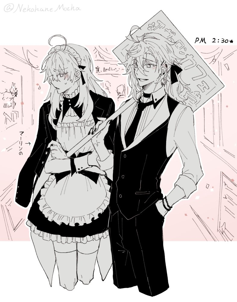 2boys ahoge alternate_costume apron artist_name banner blush bow bracelet butler coat coat_on_shoulders collared_shirt cropped_legs crossdressing crossed_arms detached_collar dress ear_piercing earrings embarrassed fate/grand_order fate_(series) frilled_apron frilled_dress frills greyscale_with_colored_background hair_between_eyes hair_bow hair_ornament hairclip hallway hand_in_pocket holding holding_sign indoors jewelry long_hair long_sleeves maid male_focus male_maid merlin_(fate) multiple_boys nekohanemocha pants piercing pink_background romani_archaman school_festival shirt sign spot_color standing streamers thigh-highs timestamp twitter_username underbust vest wrist_cuffs