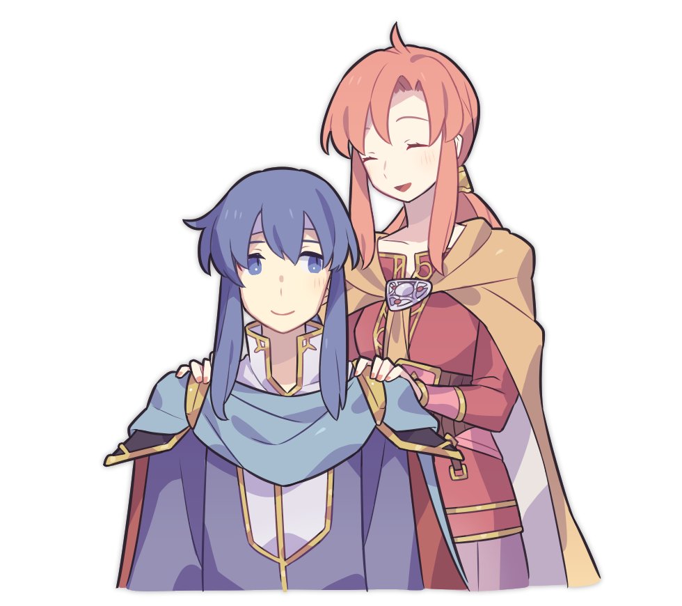 1boy 1girl ahoge aunt_and_nephew blue_cape blue_eyes blue_hair cape closed_eyes closed_mouth commentary_request ethlyn_(fire_emblem) eyelashes fire_emblem fire_emblem:_genealogy_of_the_holy_war gold_trim haconeri hairband hand_on_another's_shoulder long_hair open_mouth orange_cape pink_hair red_cape seliph_(fire_emblem) sidelocks simple_background smile two-sided_cape two-sided_fabric two-tone_cape white_background white_hairband