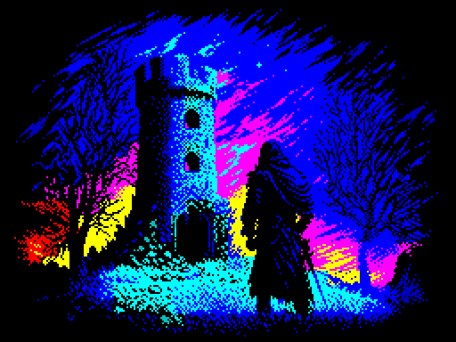 1other bare_tree battlement building cloak commentary door english_commentary from_behind helpcomputer0 high_contrast hill hilt hood hood_up hooded_cloak limited_palette medieval original outdoors pixel_art rubble scenery silhouette solo standing star_(sky) stone_wall sword tower tree twilight walking weapon wide_shot window