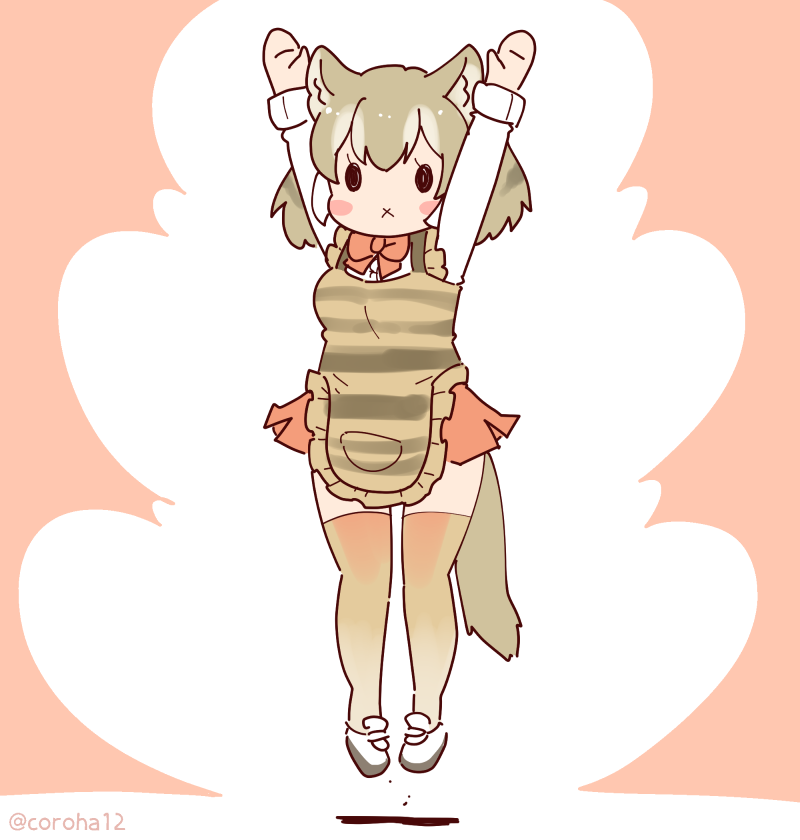 1girl animal_ears apron arms_up bow bowtie coroha extra_ears full_body grey_hair jumping kemono_friends kemono_friends_3 looking_at_viewer pink_background shirt shoes short_hair simple_background skirt solo tail thigh-highs thylacine_(kemono_friends)