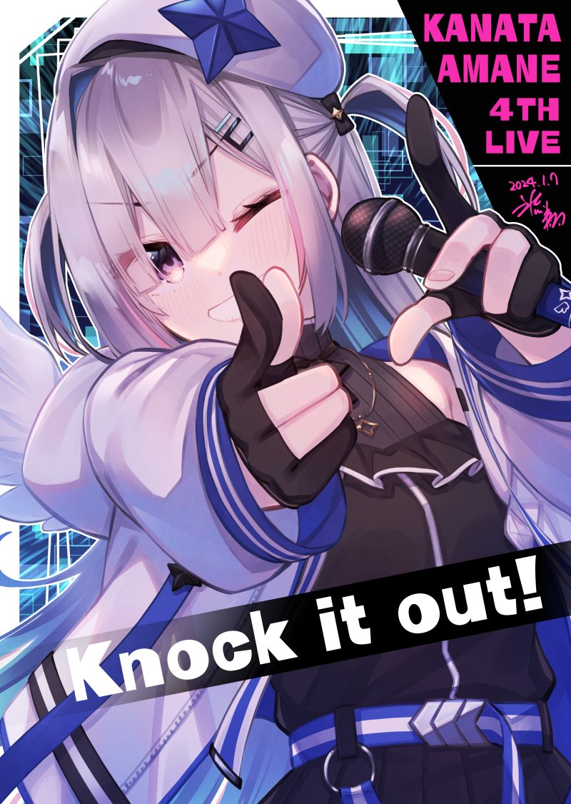 1girl amane_kanata amane_kanata_(work_outfit) belt beret black_dress black_gloves blue_belt blue_hair colored_inner_hair dress gloves grey_hair hair_intakes hair_ornament hairpin hat hikawa_shou holding holding_microphone hololive jacket long_hair looking_at_viewer microphone multicolored_hair official_alternate_costume one_eye_closed partially_fingerless_gloves short_dress sleeveless sleeveless_dress smile solo two_side_up violet_eyes virtual_youtuber white_headwear white_jacket