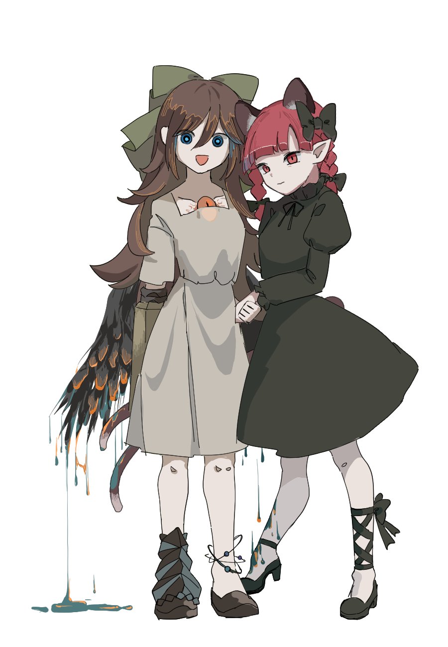 2girls :d alternate_costume animal_ears arms_behind_back asymmetrical_footwear atom bird_wings black_bow black_dress blue_eyes bow braid brown_hair cat_ears cat_tail dress dropping extra_ears feathered_wings glowing glowing_eyes green_bow green_dress hair_bow high_heels highres holding_hands kaenbyou_rin leg_ribbon long_hair looking_at_viewer molten_metal molten_rock multiple_girls multiple_tails pointy_ears puffy_sleeves red_eyes redhead reiuji_utsuho ribbon simple_background slit_pupils smile standing tail third_eye touco_to touhou twin_braids two_tails veins white_background white_tree wings
