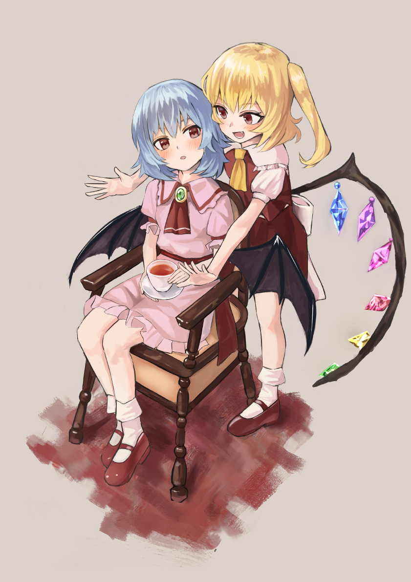 2girls ascot back_bow bat_wings black_wings blonde_hair blue_hair blush bow brooch collared_shirt crystal cup fang flandre_scarlet frilled_shirt_collar frilled_skirt frills full_body green_brooch grey_background holding holding_saucer jewelry large_bow looking_at_another maachi_(fsam4547) mary_janes medium_hair multicolored_wings multiple_girls no_headwear on_chair one_side_up open_mouth pink_shirt pink_skirt puffy_short_sleeves puffy_sleeves red_ascot red_footwear red_skirt red_vest remilia_scarlet saucer shirt shoes short_sleeves siblings simple_background sisters sitting skirt socks teacup teeth touhou vest white_bow white_shirt white_socks wings wooden_chair yellow_ascot