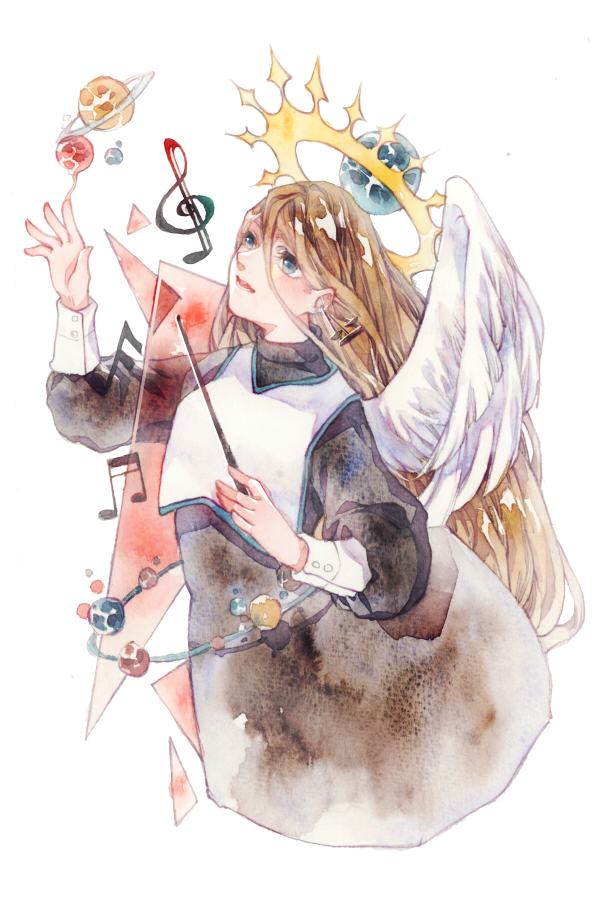 1girl angel_wings baton_(conducting) black_dress black_sleeves blue_eyes brown_hair bubble chinese_commentary commentary_request cowboy_shot dress earrings feathered_wings gold_earrings hair_between_eyes halo holding_baton huangpi_sang jewelry long_hair long_sleeves looking_up loose_hair_strand musical_note original painting_(medium) planet planetary_ring puffy_long_sleeves puffy_sleeves reaching simple_background single_wing solo straight_hair traditional_media triangle triangle_earrings turtleneck_dress very_long_hair vest watercolor_(medium) white_background white_vest white_wings wings yellow_halo