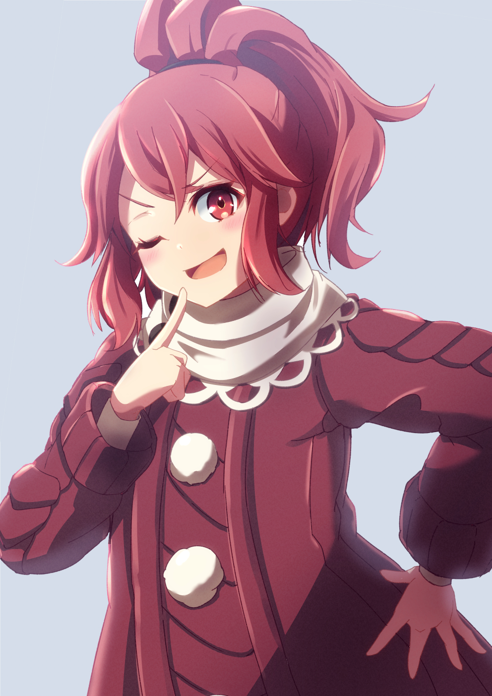 1girl anna_(fire_emblem) blue_background commentary finger_to_own_chin fire_emblem fire_emblem_engage hand_on_own_hip high_ponytail highres jacket looking_at_viewer medium_hair minamonochaba one_eye_closed open_mouth red_eyes red_jacket redhead scarf simple_background smile solo white_scarf