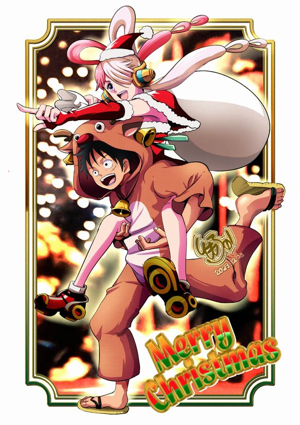 1boy 1girl animal_costume bag bell black_hair bridal_gauntlets carrying christmas english_text hair_over_one_eye hair_rings headgear holding holding_bag jingle_bell long_hair low_twintails merry_christmas monkey_d._luffy multicolored_hair one_piece open_mouth piggyback pointing red_bridal_gauntlets reindeer_costume running sandals scar scar_on_face short_hair smile tomo5656ky twintails two-tone_hair uta_(one_piece)