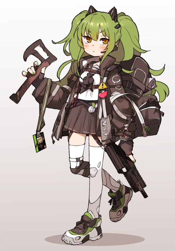 1girl amonitto axe backpack bag black_coat black_gloves black_necktie black_skirt blush breasts calico_m950 chest_harness closed_mouth coat earpiece fingerless_gloves full_body girls_frontline gloves green_hair gun harness holding holding_axe holding_gun holding_weapon id_card knee_pads long_hair looking_at_viewer m950a_(girls'_frontline) necktie open_clothes open_coat orange_eyes pouch sailor_collar school_bag shirt shoes single_knee_pad skirt small_breasts sneakers solo thigh-highs torn_clothes torn_thighhighs trigger_discipline walking weapon white_shirt white_thighhighs